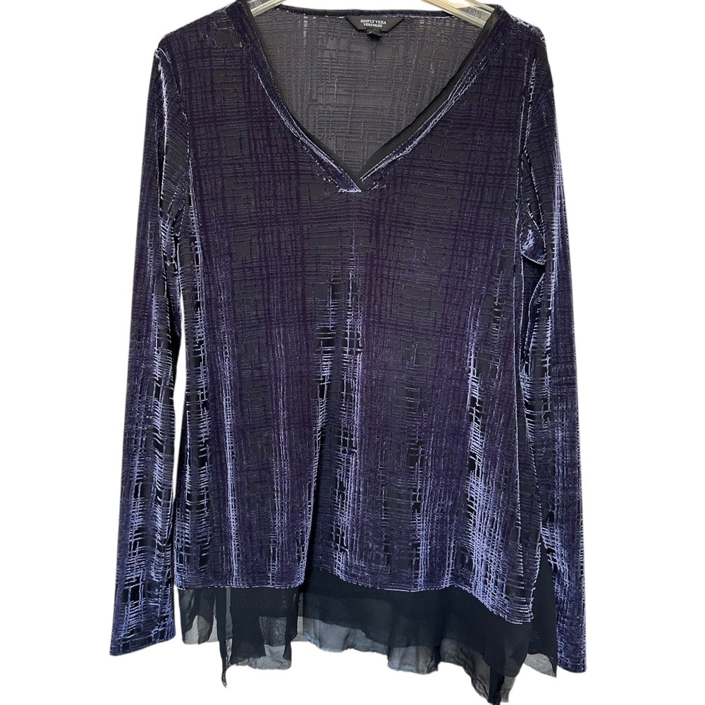 Simply Vera Vera Wang Purple Velvet Burnout Plaid V Neck Top M‎ Whimsigoth